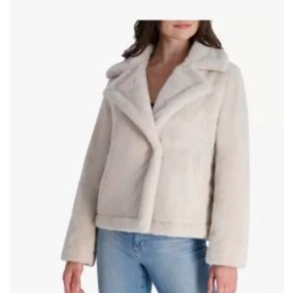 French Connection Large Women Winter Faux Fur Short Coat Notched Lapel Jacket - Picture 5 of 11